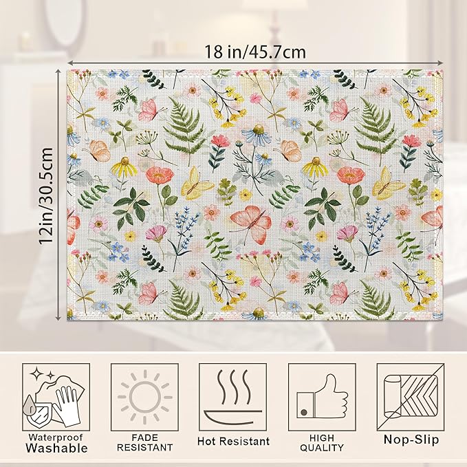 Cute Wildflower Placemats Set of 6,Herb Butterfly Floral Linen Washable Kitchen Dining Table Mats Heat Resistant Place Mats for Home Party Indoor Holiday 12x18 Inch
