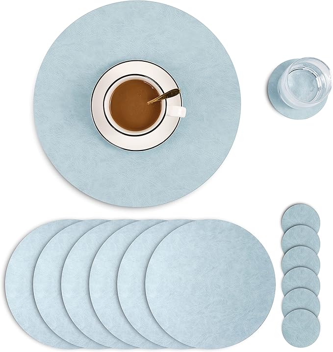 Set of 6 Embossed PU Leather Placemats, Waterproof Coffee Coasters, Kitchen Table Mats, Easy to Wipe Off for Dining Round Table