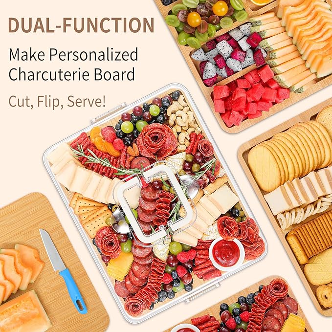 Portable Travel Charcuterie Board with Lid and Handle - Large Bamboo Cheese Board with 4 Cheese Knife Set for Outdoor, Picnics - Weddings, House Warming Gift for Women (6 Compartments, White)