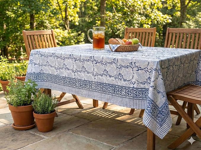 ATOSII ‘Santorini’ 100% Cotton Fall Tablecloth, Handblock Print Blue Rectangle Table Cloth for Kitchen I Dining Table Linen I Parties Wedding Christmas Thanksgiving I Fall Decor 60 X 90 Inches