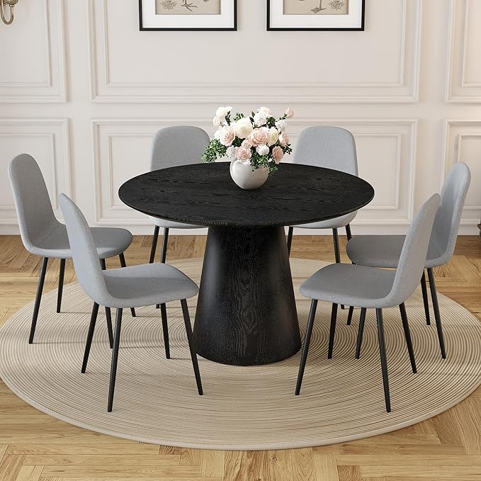 Round Dining Table Set for 6, 45" Modern Faux Marble Kitchen Table and Upholstered Chairs, 7 Piece Circle Dinner Set for Dining Room, Kitchen (Black Set)