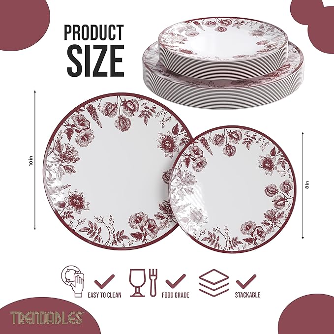 Trendables Disposable Plates For Party Supplies | Burgundy Floral Plastic Plates For Wedding 40 Pcs - 20 X 8 & 20 X 10 Dinner Plate Sets | Floral Plate Set Disposable Plastic Dinnerware Sets