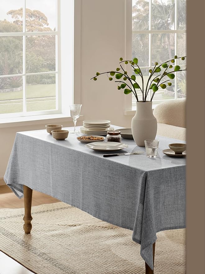 Linen Tablecloth for Rectangle Table 60x84 Inch Grey, Farmhouse Style Grey Tablecloth, Water Resistant Burlap Tablecloths for Dining Table Farmhouse Kitchen