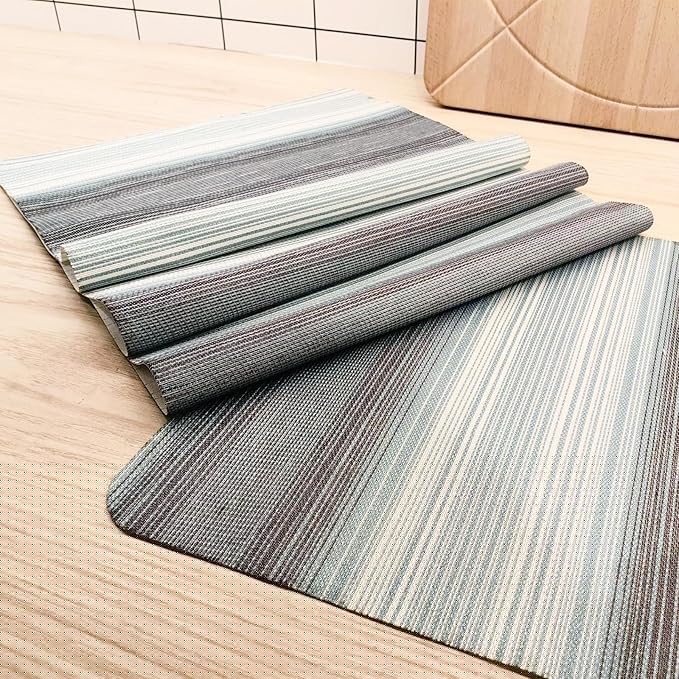 Green Stripes Table Cloth Set - Placemats Set of 4 & 6, Washable Textile Mats 12"x18"