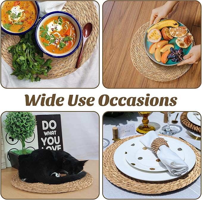 Kochorie Set of 12 Round Woven Placemats - 13.8 Inches Natural Boho Rattan Wicker Table Mats for Home Dining Table