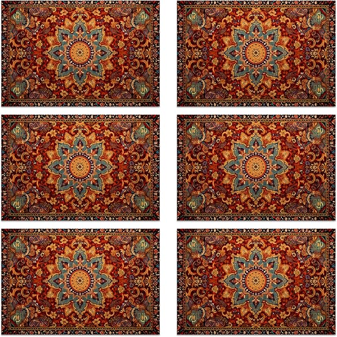 Ethnic Boho Placemats Set of 6, Southwest Orange Blue Teal Carpet Woven Texture Linen Washable Table Mats for Christmas, Thanksgiving, Party, and Dining 12x18 in