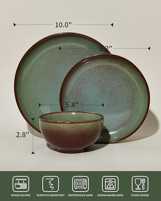 Stoneware Dinnerware Sets Service for 12, 36 pcs Reactive Glaze Plates and Bowls Sets, Handmade Ceramic Dish Set, Highly Chip and Crack Resistant Modern Plate Set, Brown Green