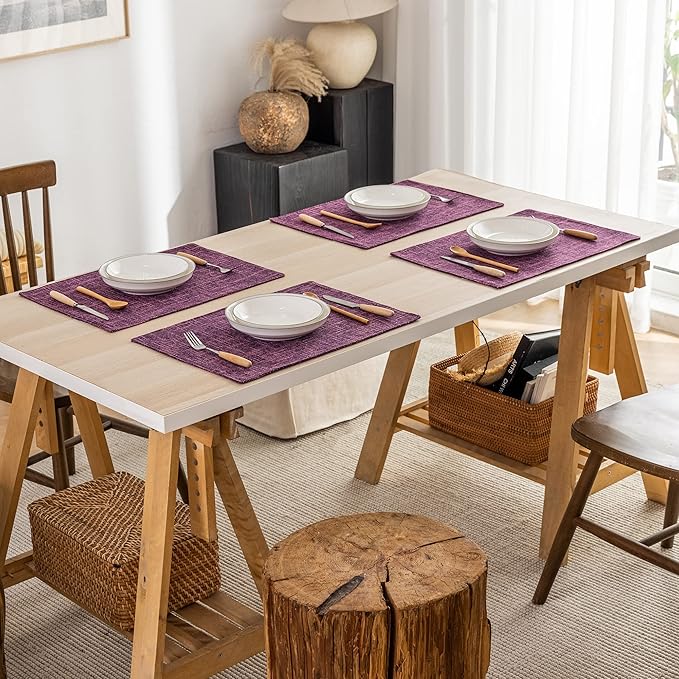 Kevin Textile Burlap Linen Placemats Set of 4 Heat Resistant Dining Table Place Mats Washable Kitchen Table Mats, 13 x19 inches, Red Purple