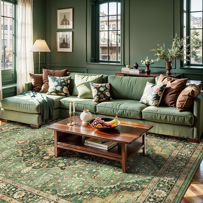 Green Rugs for Bedroom Area Rugs 5x7 Washable Rugs Boho Vintage Oriental Large Foldable Faux Wool Carpet for Living Room Nursery Room Dorm Kids Playroom Home Office