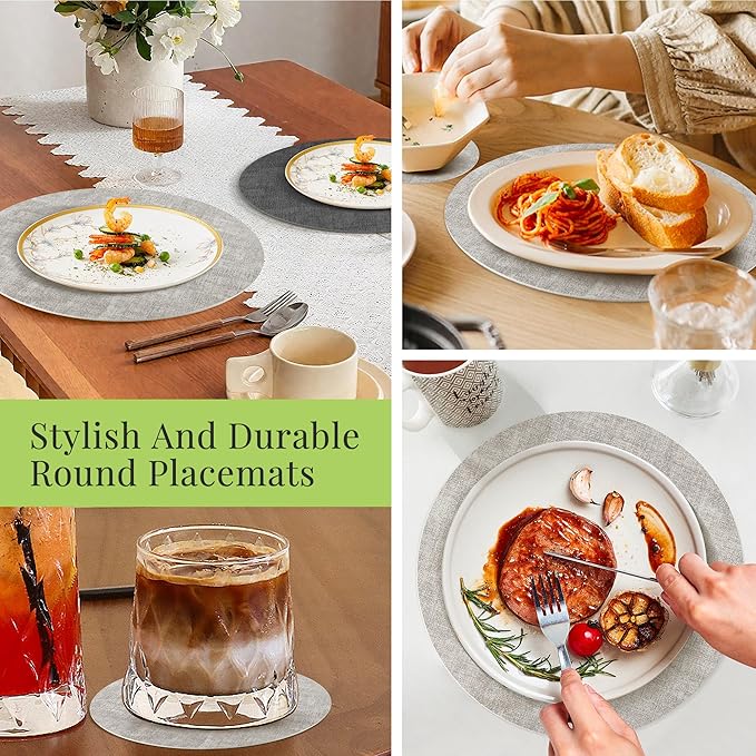 13-Inch Faux Leather Round Placemats Set of 8, Waterproof Anti-Slip Dual Sided Place mats, Heat Resistant Washable Table Mats with Coaster, Suitable for Indoor & Outdoor (8, Black Light Gray)