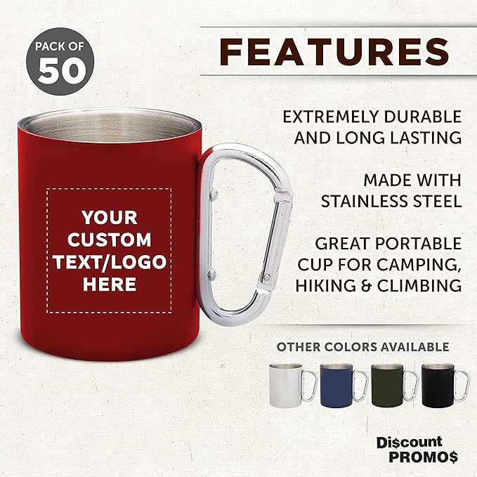 Custom Stainless Steel Mugs with Carabiner Handle 10 oz. Set of 50, Personalized Bulk Pack - Perfect for Coffee, Soda, Other Hot & Cold Beverages - Red