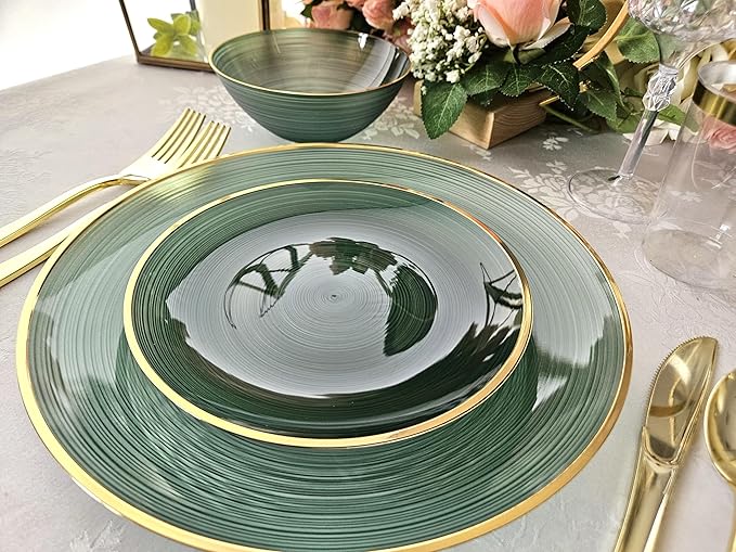 " OCCASIONS " 50 Plates Pack (25 Guests)-Wedding Party Disposable Plastic Plate Set -25 x 10'' Dinner + 25 x 7'' Salad & Dessert plates (Belize in Green & Gold)