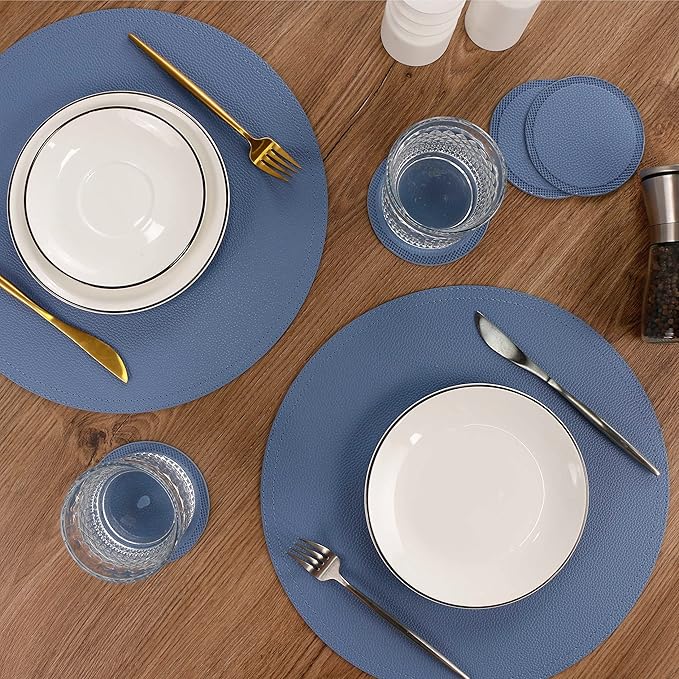 Set of 8 Faux Leather Round Placemats and Coasters, Coffee Mats Kitchen Table Mats, Waterproof, Easy to Clean for Kitchen Dining Round Table