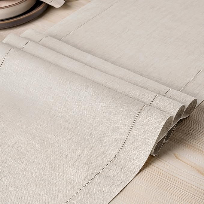 D'Moksha Homes Linen Light Natural Table Runner 90 Inches Long - Classic Hemstitch 100% Pure Linen Dining Table Runner 14 x 90 Inch for Valentines, Spring, Easter