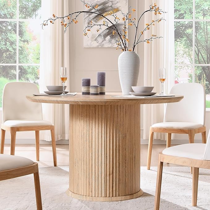 T4TREAM 47" Fluted Round Dining Table for 4-6, Mid-Century Modern Kitchen Table with Thickened Edge & Cylindrical Base for Dining Room, Kitchen, Living Room,Natural Oak(Table Only)