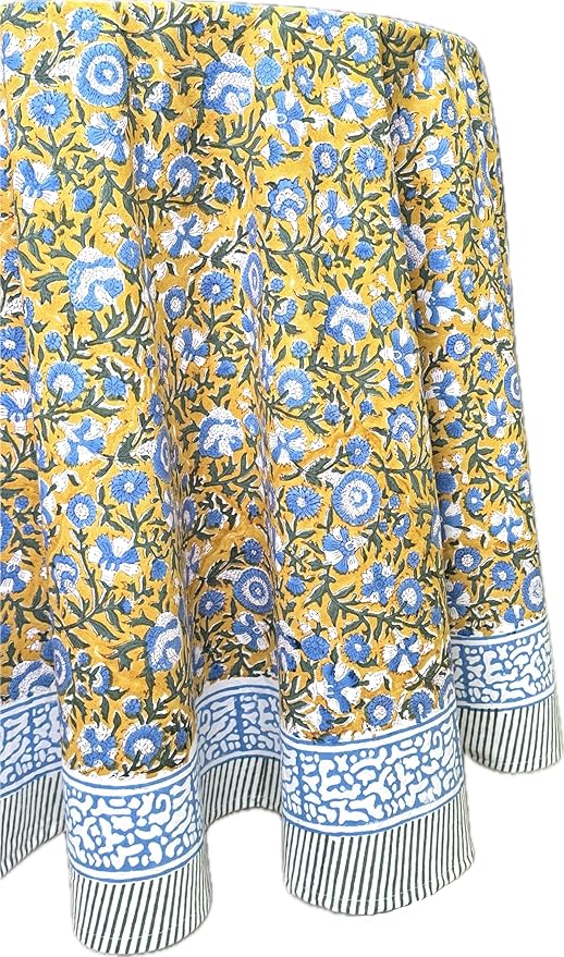 ATOSII Marigold Blue100% Cotton Round Tablecloth, Block Print Floral Table Cloth for Dining, Parties, Weddings, Outdoors, Holidays I 72" Inches, 4 Seater I Grandmillennial Farmhouse Spring Summer Boho