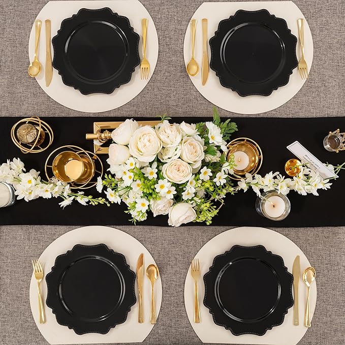COLOSUS Black Plastic Plates Set,Heavy Duty Black Disposable Plates for 30 guests,Include 30PCS 10.5inch Dinner Plates and 30PCS 8.25 inch Dessert Plates for Party/Wedding/New Year/Birthday