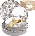 Trendables Fancy Plastic Dinnerware Sets 200 Pc Set 40 Guests Gold Silverware Disposable 40 X 10 Inch Charger Plates 40 X 8 Inch Dessert Plates 40 x Gold Plastic Forks and Spoons Knives In Rustik