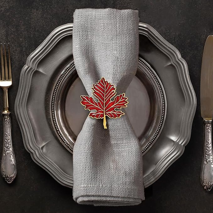Decozen Set of 8 Red Gold Napkin Rings in Leaf Design, Festive, Table Decor Setting for Holiday, Wedding, Birthday, Kitchen, Home Decor, Housewarming Gift - Thanksgiving & Christmas Gift Decoration