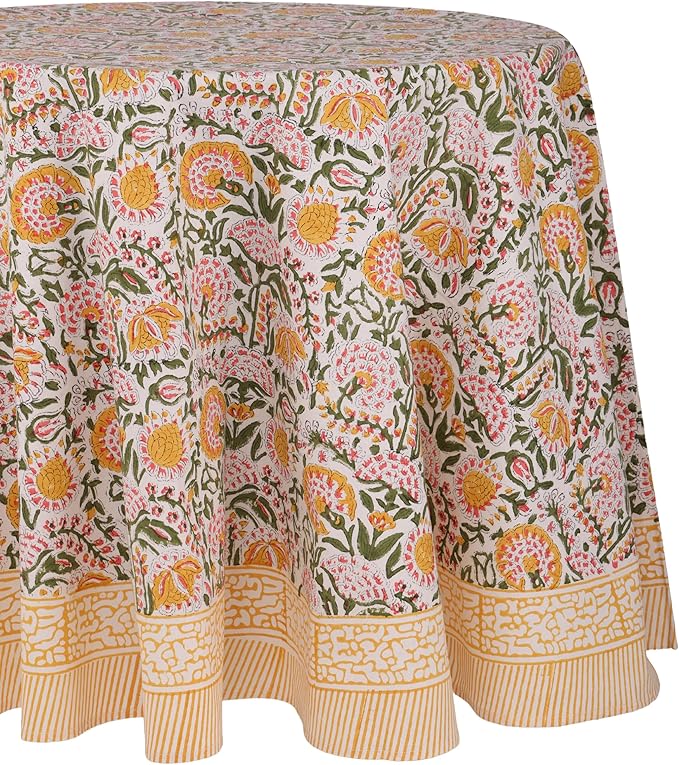 ATOSII Clover Yellow 100% Cotton Round Tablecloth, Handblock Print Floral Table Cloth for Kitchen Dining Linen I Parties, Weddings, Outdoors, Christmas, Thanksgiving I Fall Home Decor 90" Inches Round