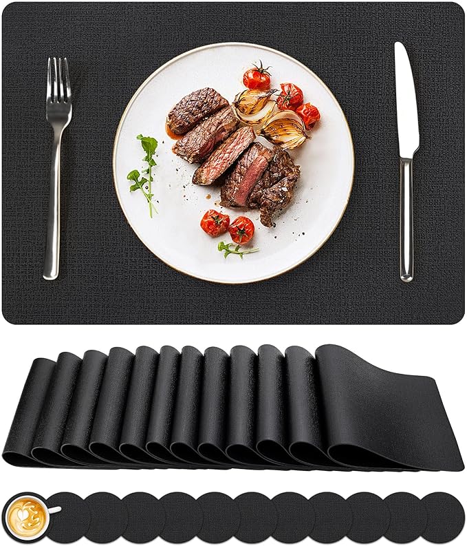 Vinyl Placemats Set of 12, Faux Leather Waterproof and Heat Resistant Place Mats, Washable Anti-Slip Table Mats with Coaster, Wipeable Placemats for Indoor & Outdoor 17" x 12" (Black, Set of 12)
