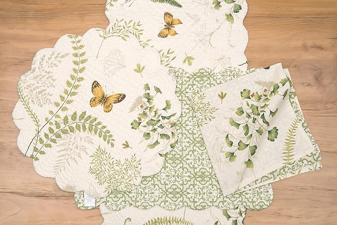 C&F Home Althea Round Placemat, Set Of 4, 17'' X 17'' Spring Butterfly Plants Fern Green White Damask Cotton Quilted Placemat Tabletop Round Placemat Set of 4 Green