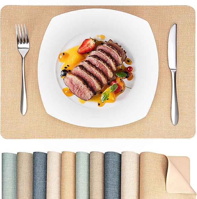 Heat Resistant Placemats Set of 6, 17x12in Waterproof Wipeable Faux Leather Non Slip Table Mats, Easy to Clean, Stain Resistant, for Kitchen Dining Room-– Warm Tan