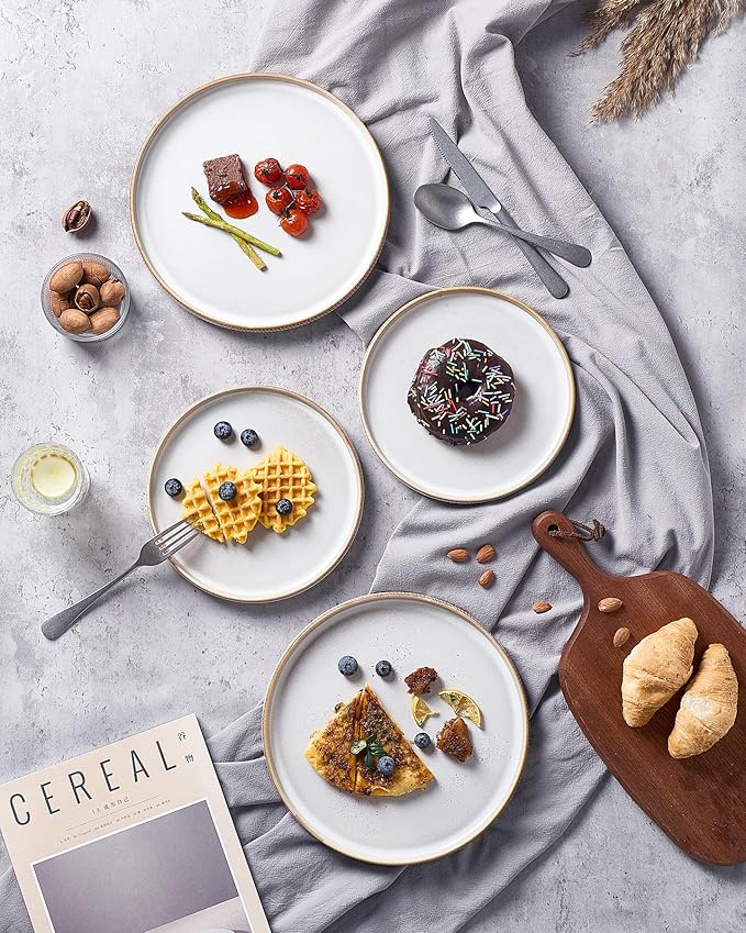 famiware Star Dinner Plates for 6, 10 inches Plate Set, Scratch Resistant, Stoneware Dinnerware, Kitchen Modern Rustic Serving Dishes, Vanilla White