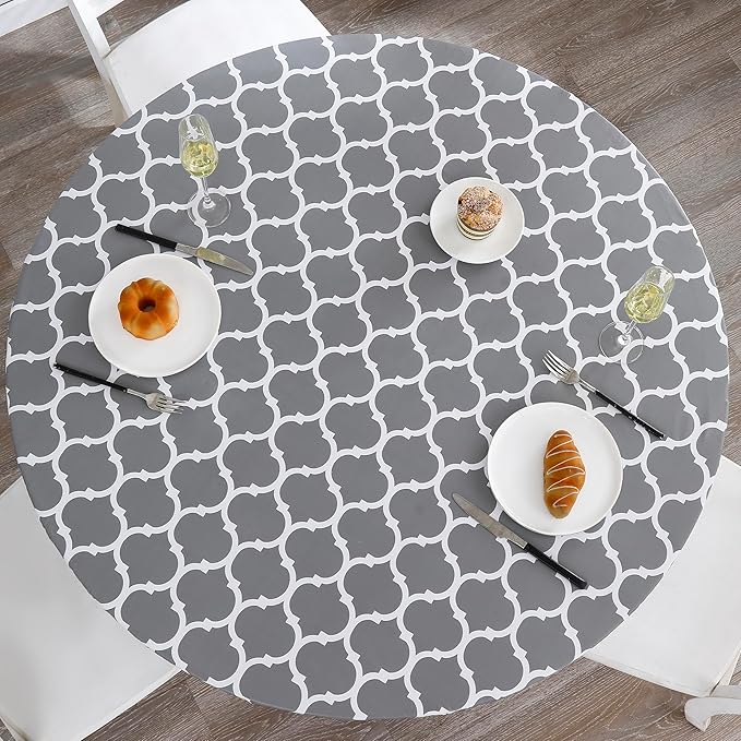 Walrus Round Vinyl Fitted Tablecloth with Flannel Backing Elastic Edge Design Table Cover Waterproof Oil-Proof PVC Table Cloth Stain-Resistant Best for 57"-66" Round