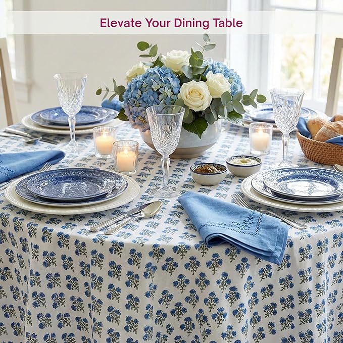 ATOSII Gulbahar Blue 100% Cotton Fall Round Tablecloth, Handblock Print Floral Table Cloth for Kitchen Dining Linen I Thanksgiving, Christmas, Weddings, Outdoors, Parties I 72" Inches Diameter