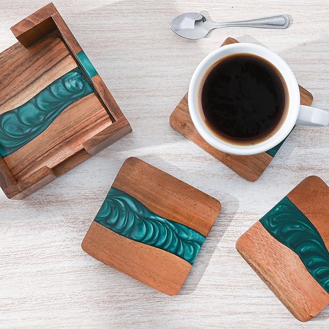 Rustic Wood Coasters Set of 4, Epoxy Resin, 4x4 Inches, With Holder