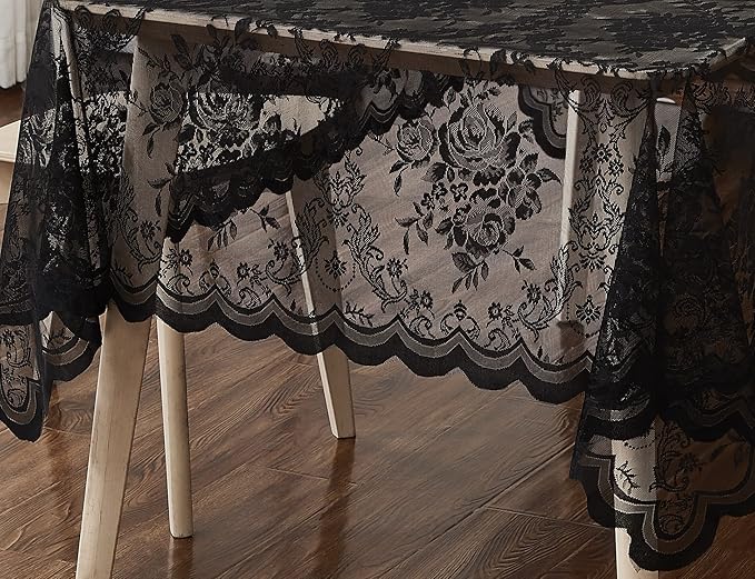 Warm Home Designs 60 x 104 Lace Tablecloth. Black Rectangle Tablecloth with English Rose Design. Rectangular Tablecloth, Rustic Tablecloth or Dining Table Cover for 8-10 Guests. LTC Black 104"