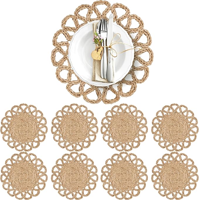13.8" Corn Husk Woven Round Placemats Set of 8 - Wicker Boho Farmhouse Placemats - Rattan Table Mats Like Water Hyacinth for Dining Table, Wedding, Home