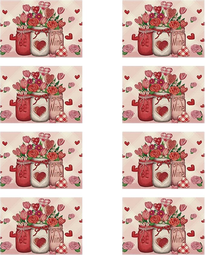 XCHI Roses Flowers Love Hearts Vase Valentine’s Day Placemats Set of 8 Table Mats for Party Home Kitchen Dining Table Decorations 12x18 Inch