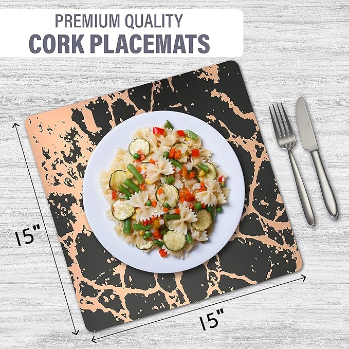 Dainty Home Black Rose Gold Marble Square Cork Placemats - Heat Resistant Placemats, Non-Slip, Easy Clean Placemats for Elegant Dining - 15"x15" Set of 2 - Perfect for Stylish, Modern Homes