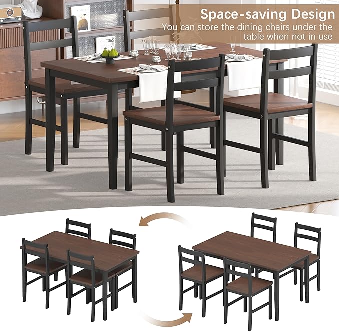 5 Piece Dining Table Set, Solid Wood Dining Table Set for 4, Farmhouse Table and 4 Chairs Set, 43.3'' Rectangular Kitchen Table Set for 4, Brown & Black