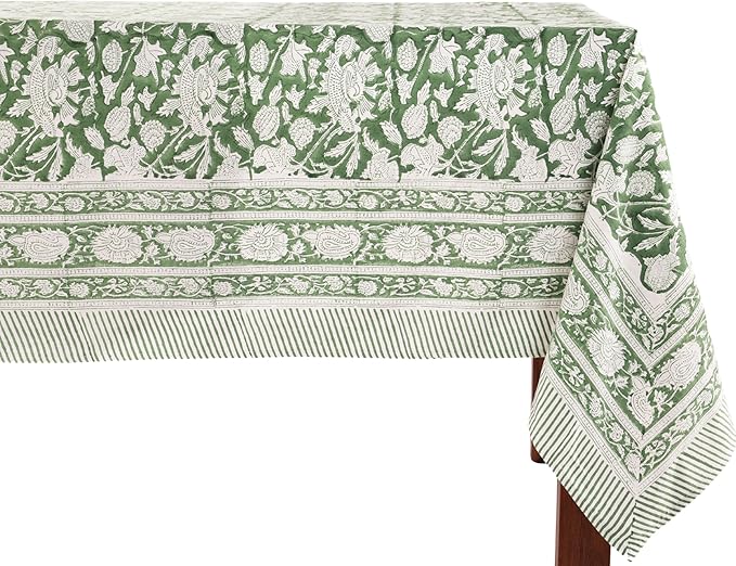 ATOSII Meraki Green 100% Cotton Fall Tablecloth, Handblock Print Rectangle Table Cover for Kitchen Dining Linen I Parties, Thanksgiving, Christmas, Wedding, Table Cloth I 72 X 140 Inches I 12 Seater
