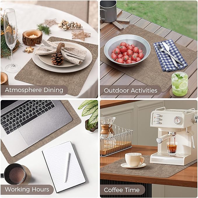 Vinyl Placemats Set of 12, Faux Leather Waterproof and Heat Resistant Place Mats, Washable Anti-Slip Table Mats with Coaster, Wipeable Placemats for Indoor & Outdoor 17" x 12" (Light Coffee Set of 12)