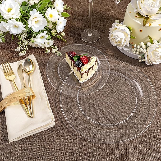 I00000 200PCS Clear Plastic Plates, Disposable Clear Plates for 100 Guests, Premium Dinner and Dessert Plate, Fancy Hard Plastic Party Plate for Birthday, Wedding & Party