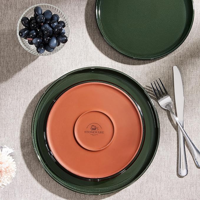 Herogo Plates and Bowls Dinnerware Sets for 8, 24 Pieces Ceramic Stoneware Dinner Dishes Set, Rustic Terracotta Bottom, Dishwasher & Microwave Safe, Dark Green