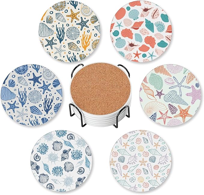 Summer Beach Set of 6 Coasters for Drinks Absorbing Round Ceramic Stone Coaster with Cork Base,Tabletop Protection Mat for Mugs and Cups,Office,Kitchen