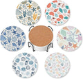 Summer Beach Set of 6 Coasters for Drinks Absorbing Round Ceramic Stone Coaster with Cork Base,Tabletop Protection Mat for Mugs and Cups,Office,Kitchen