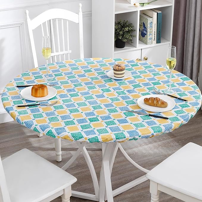 Walrus Round Vinyl Fitted Tablecloth with Flannel Backing Elastic Edge Design Table Cover Waterproof Oil-Proof PVC Table Cloth Stain-Resistant Best for 45"-56" Round
