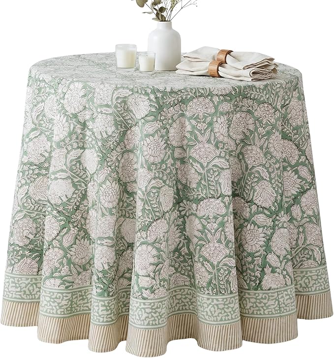 ATOSII Jade 100% Cotton Boho Round Tablecloth, Block Print Floral Table Cloth Linen for Dining, Parties, Weddings, Outdoors I Table Decor 90" Inches I