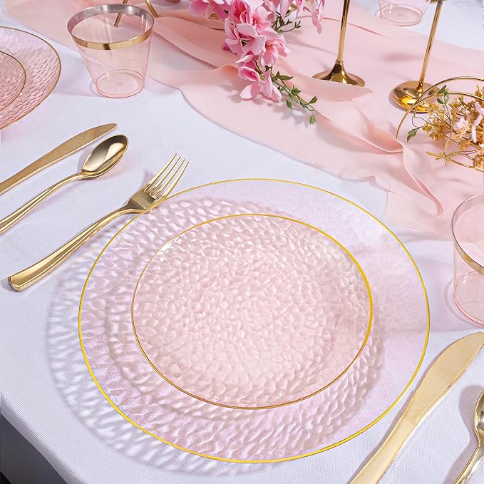 DaYammi 100PCS Pink Gold Plastic Plates - 10 inch Clear Pink Gold Dinner Plates - Hammer Pattern Design - Fancy Disposable Plate - Heavy Duty Party Plate Ideal for Wedding