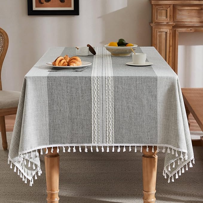 ZeeMart Contrast Linen Table Cloth Square Table Cloths 60x60 Inch Mid-Stripe Grey, Farmhouse Style Heavy Weight Grey Tablecloth, Water Resistant Burlap Tablecloths
