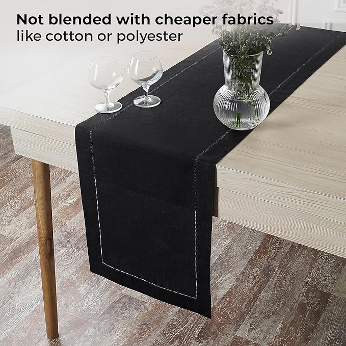 D'Moksha Homes Linen Black Table Runner 72 Inches Long - 100% Pure Linen Hemstitch Table Runner 14 x 72 Inch for Dresser, Dining, Spring, Easter - Classic Hemstitch