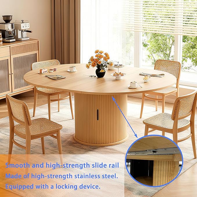 Extendable Round/Oval Dining Table Seats 2-4-6, 59" Modern Farmhouse Design with 2-Tier Storage & Fluted Slide Door, Dining Room Kitchen Furniture (Oak, 59 inches)