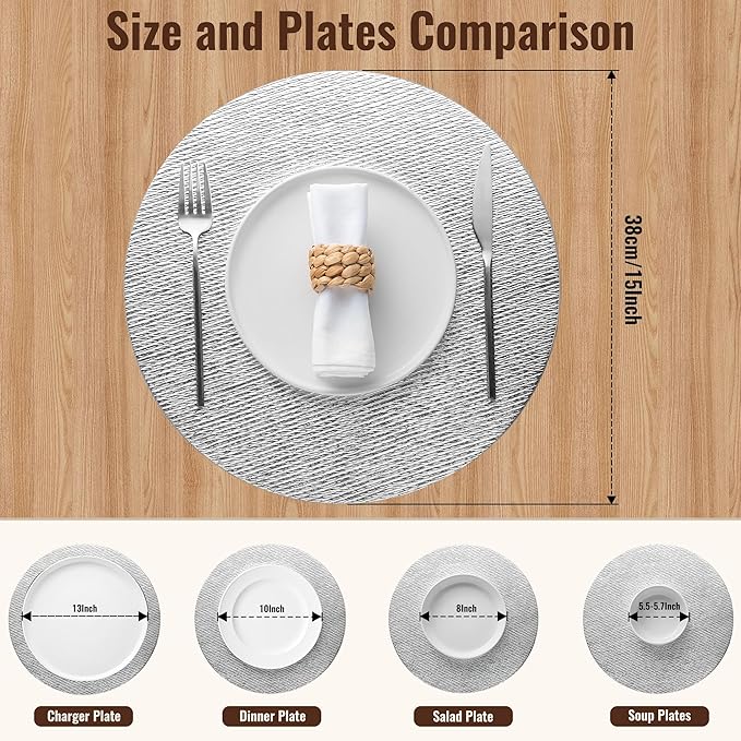 Jovono 15" Faux Leather Big Round Placemats Set of 4 - Washable Heat Resistant Non-Slip Dining Table Mats with Fabric Texture for Kitchen Home Party Wedding Decor, Silver