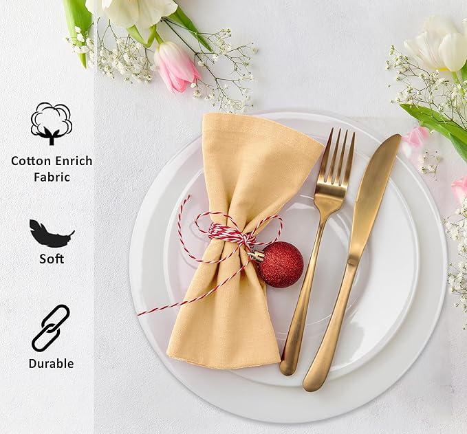 Ruvanti Cloth Napkins Set of 4, 18x18 Inches Napkins Cloth Washable, Soft, Durable, Absorbent, Cotton Blend. Table Dinner Napkins Cloth for Hotel, Lunch, Restaurant, Wedding Parties - Ivory Gold